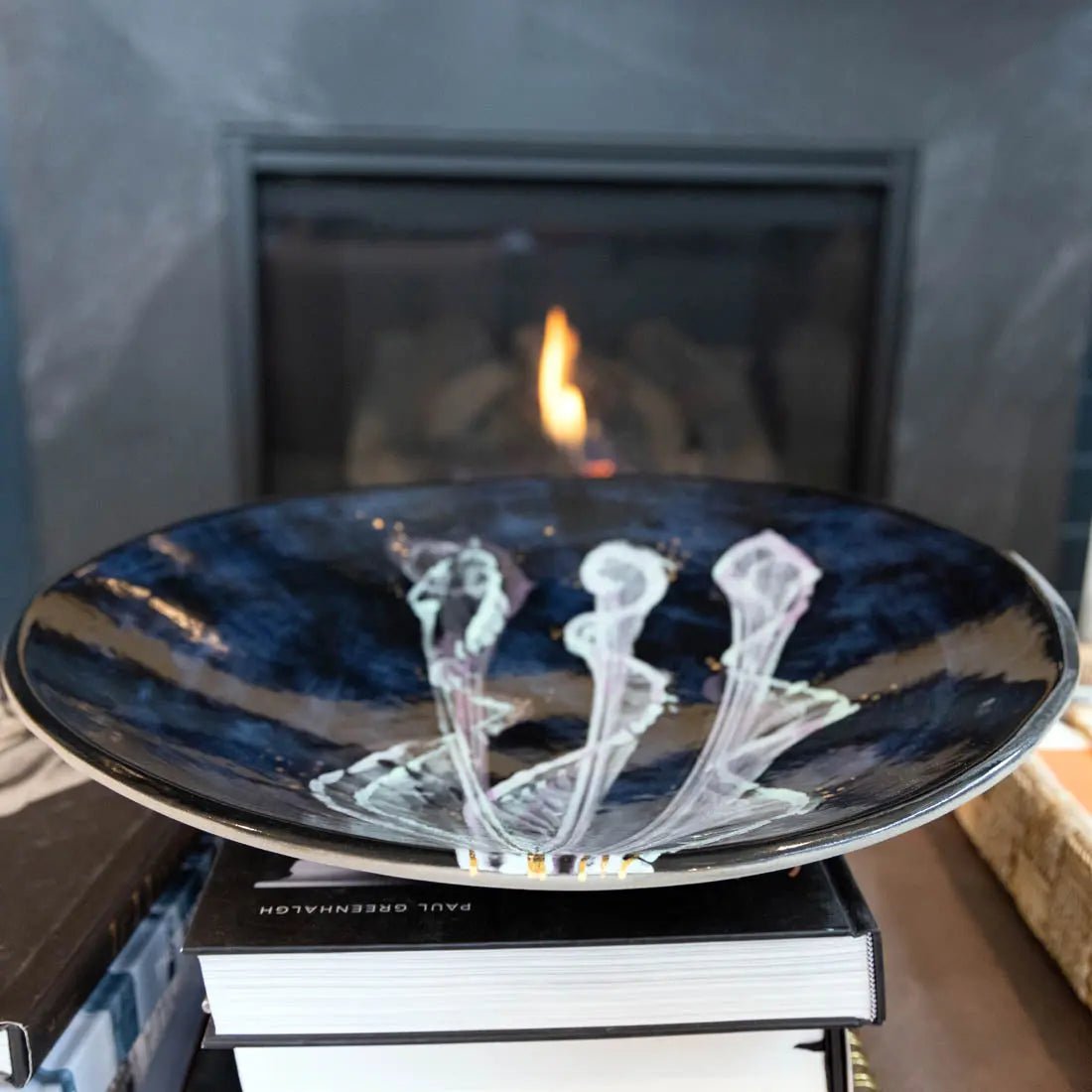 #55 XL Gray Stoneware Serving Platter - Abstract Art with REAL GOLD - (Creative Collection) - Dan Pearce Ceramics