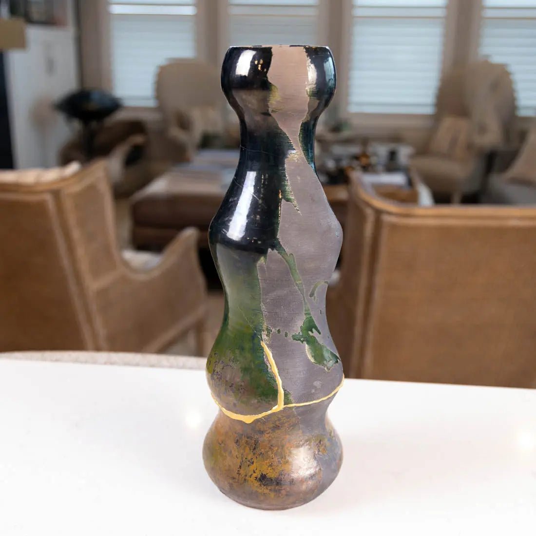#59 X - Tall KINTSUGI Raku Decorative Pot/Vase - Charcoals, Greens, & Coppers - (Creative Collection) - Dan Pearce Ceramics