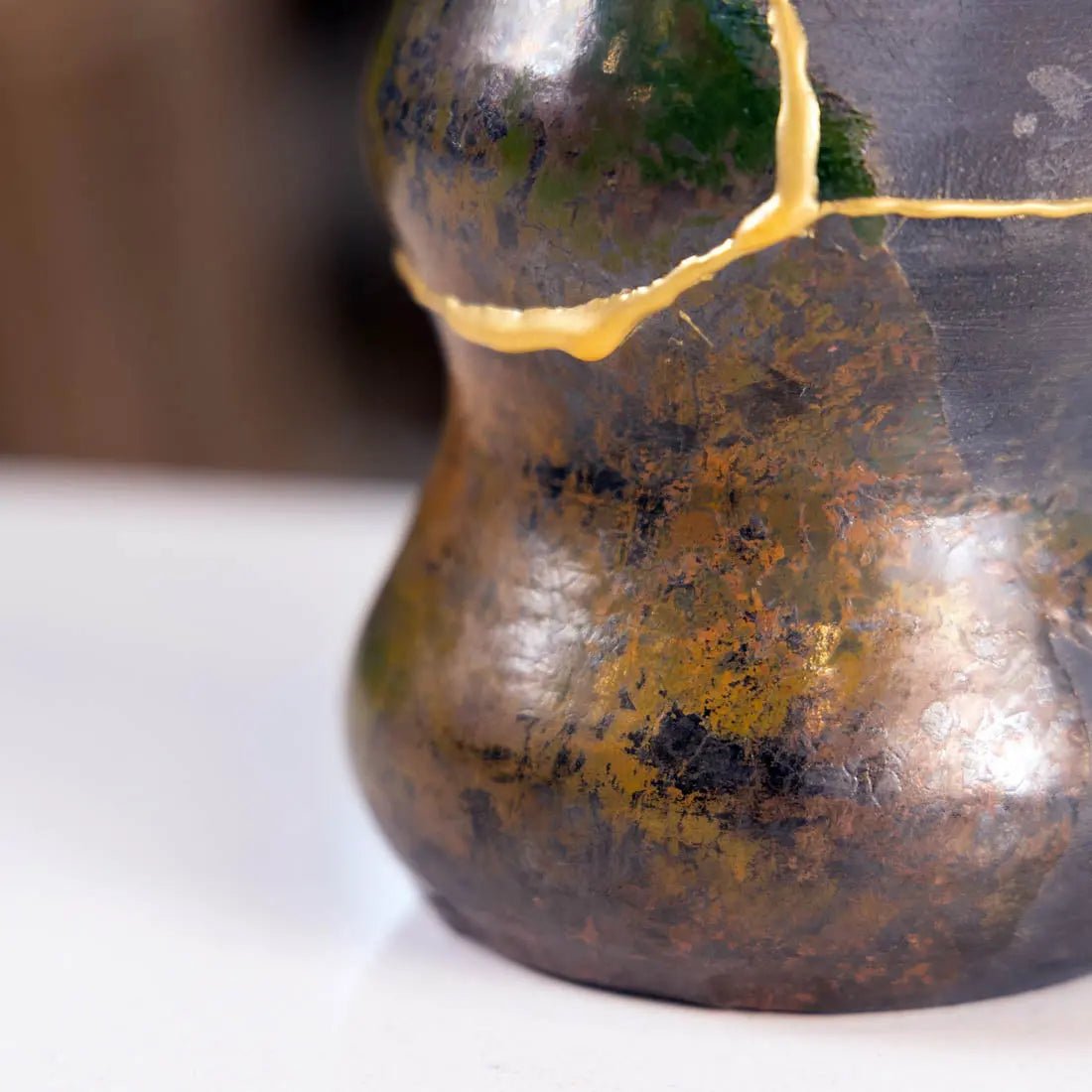 #59 X - Tall KINTSUGI Raku Decorative Pot/Vase - Charcoals, Greens, & Coppers - (Creative Collection) - Dan Pearce Ceramics