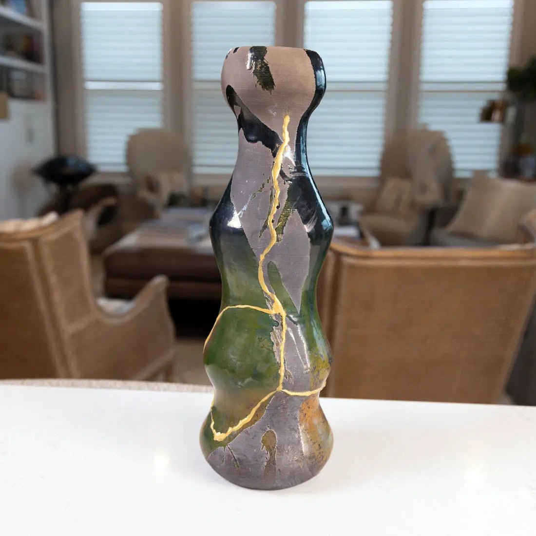 #59 X - Tall KINTSUGI Raku Decorative Pot/Vase - Charcoals, Greens, & Coppers - (Creative Collection) - Dan Pearce Ceramics