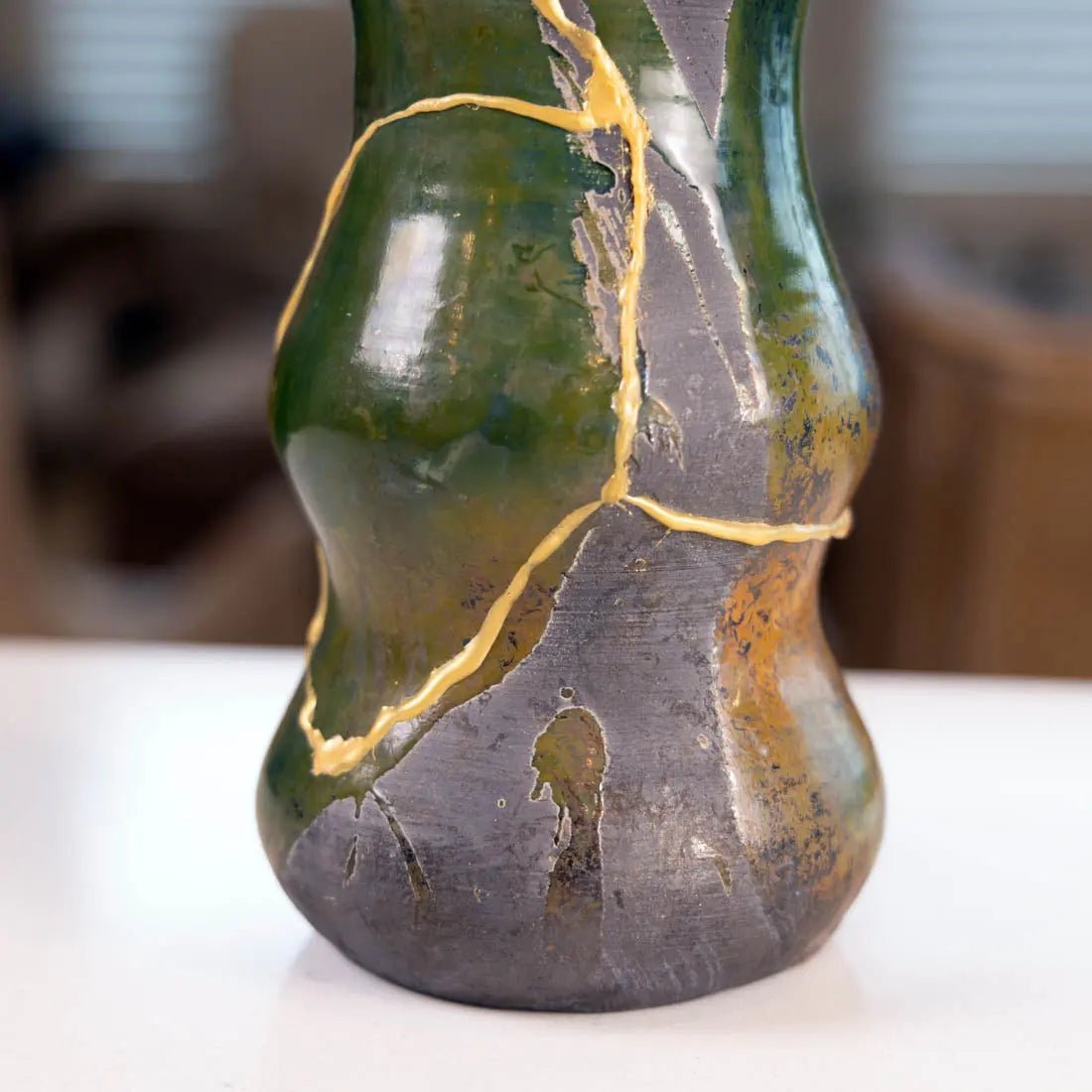 #59 X - Tall KINTSUGI Raku Decorative Pot/Vase - Charcoals, Greens, & Coppers - (Creative Collection) - Dan Pearce Ceramics