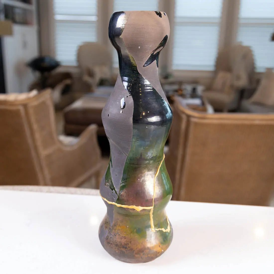 #59 X - Tall KINTSUGI Raku Decorative Pot/Vase - Charcoals, Greens, & Coppers - (Creative Collection) - Dan Pearce Ceramics