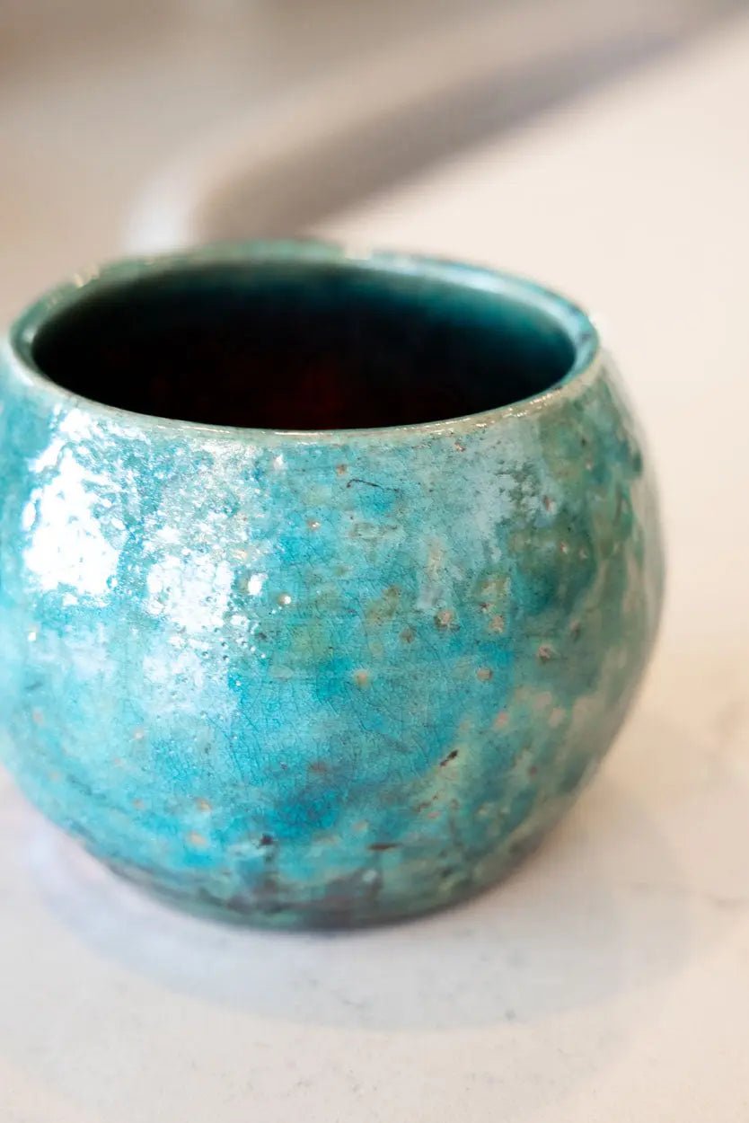Contemporary Raku Bowl/Pot: Turquoise Exterior, Colorful Metallic Interior - Dan Pearce Ceramics