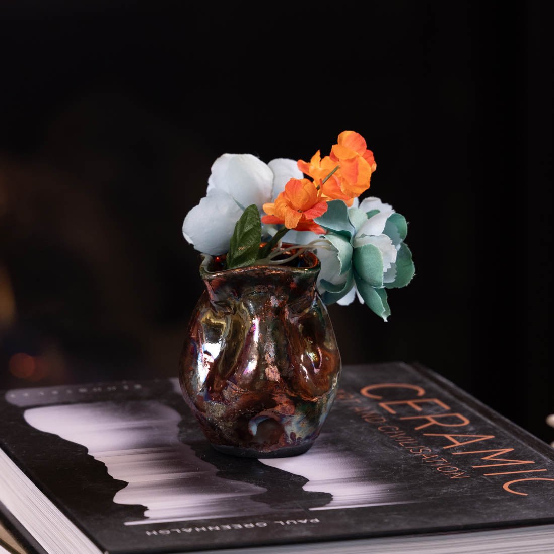 Pot #03 - X - Small Manipulated RAKU Pot (Coppers and Greens) - Dan Pearce Ceramics