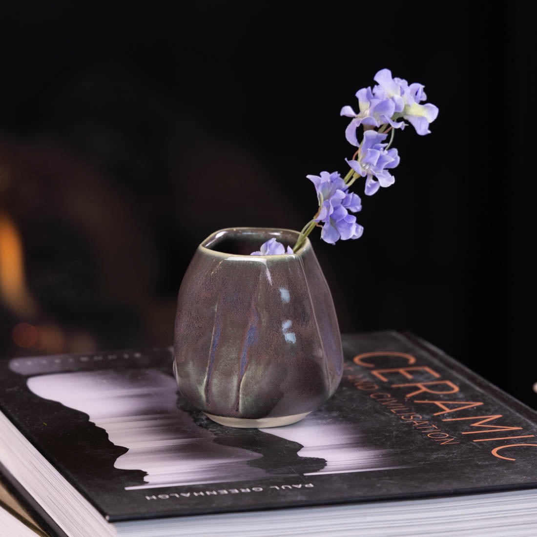 Pot #64 - Small Manipulated Pot (Dark Sages and Burgundies) - Dan Pearce Ceramics