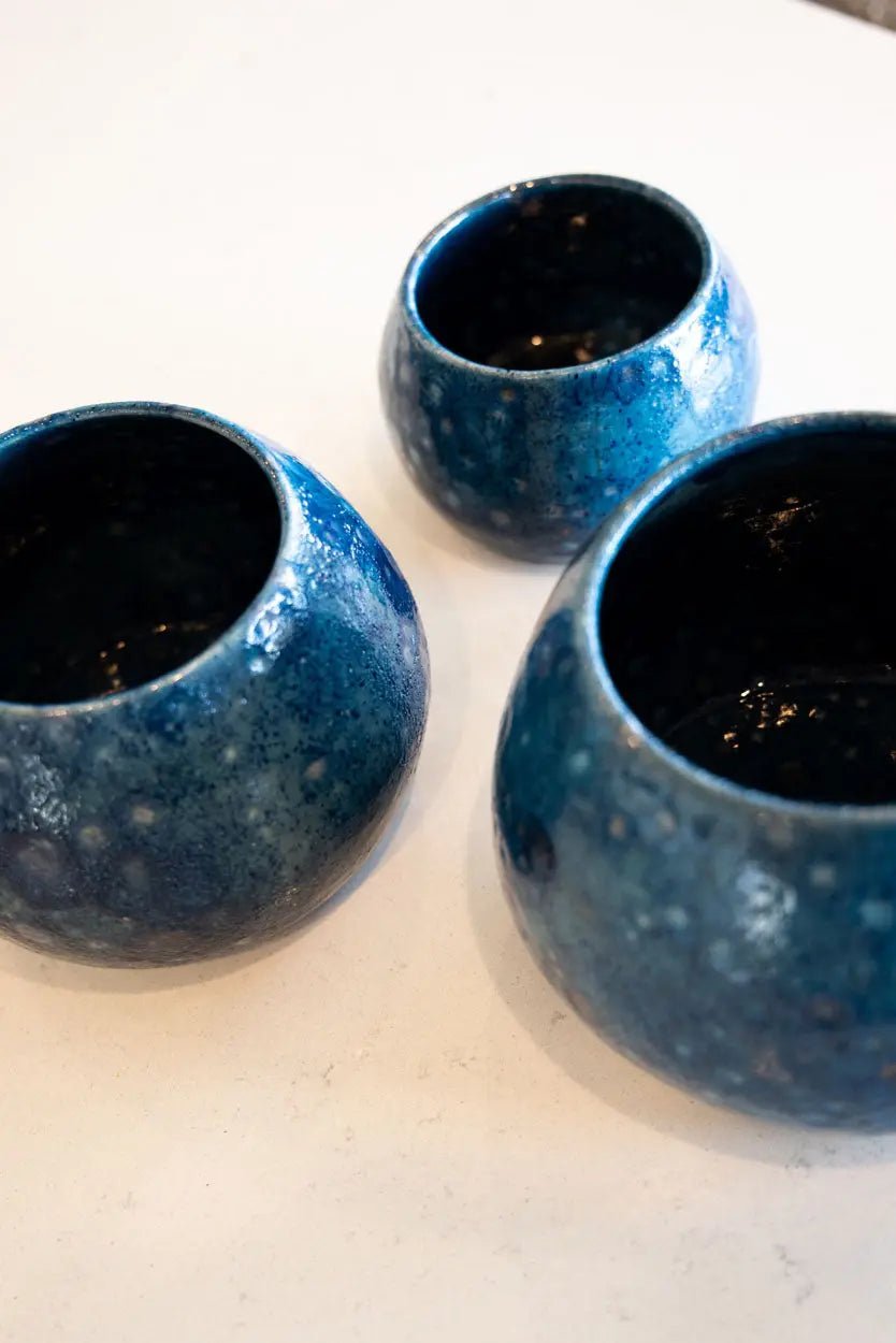 Set of 3 Raku Contemporary Pots: White Crystals on Teal - Dan Pearce Ceramics
