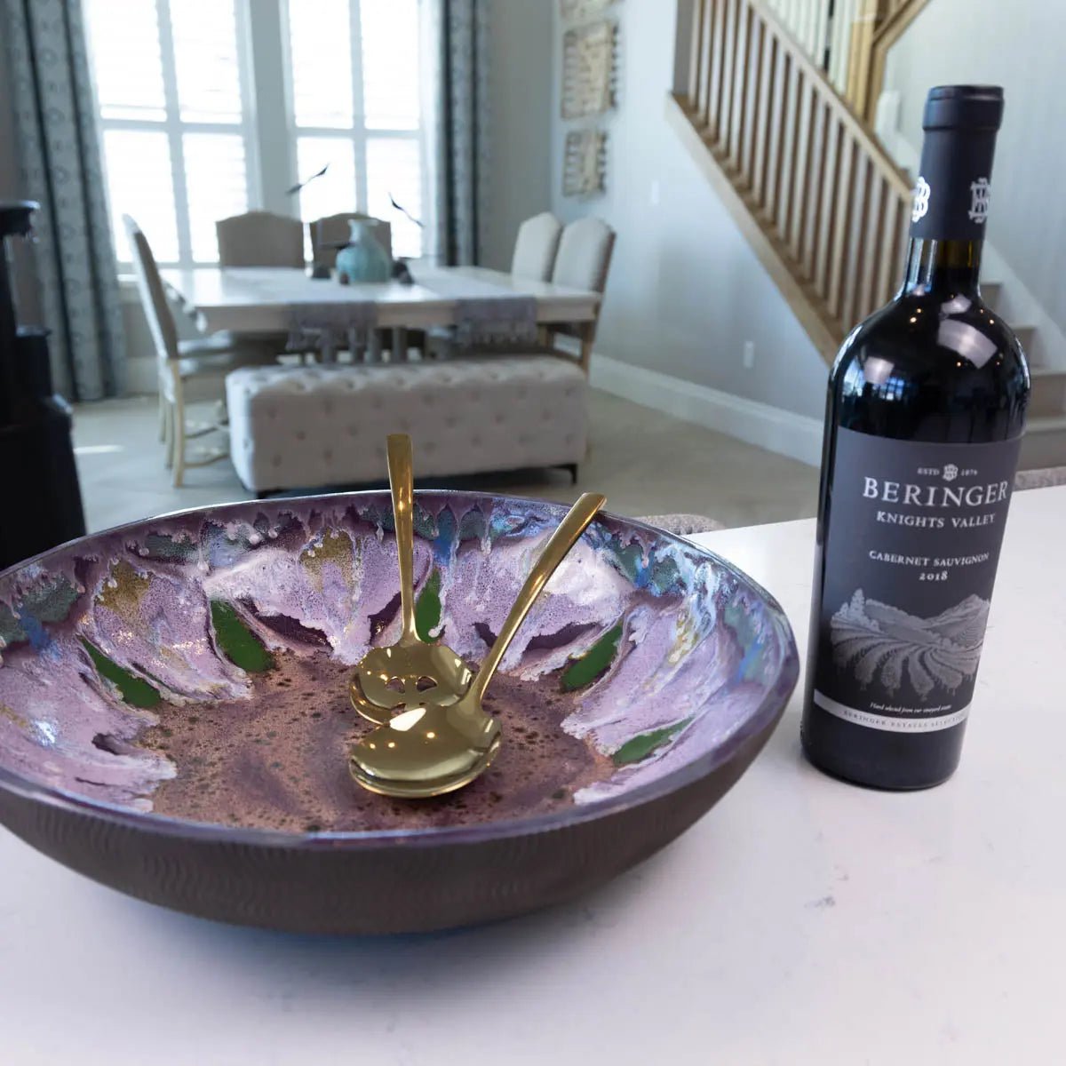 XXL Dark Chocolate Stoneware Serving/Decorative Bowl - Purple Floral Design (Alchemy Collection) - Dan Pearce Ceramics