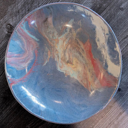 #02 Large Stoneware Nerikomi Decorative Serving Bowl - Blues with swirls of Reds, Teals, Creams (Color Spectrum Series) - Dan Pearce Ceramics