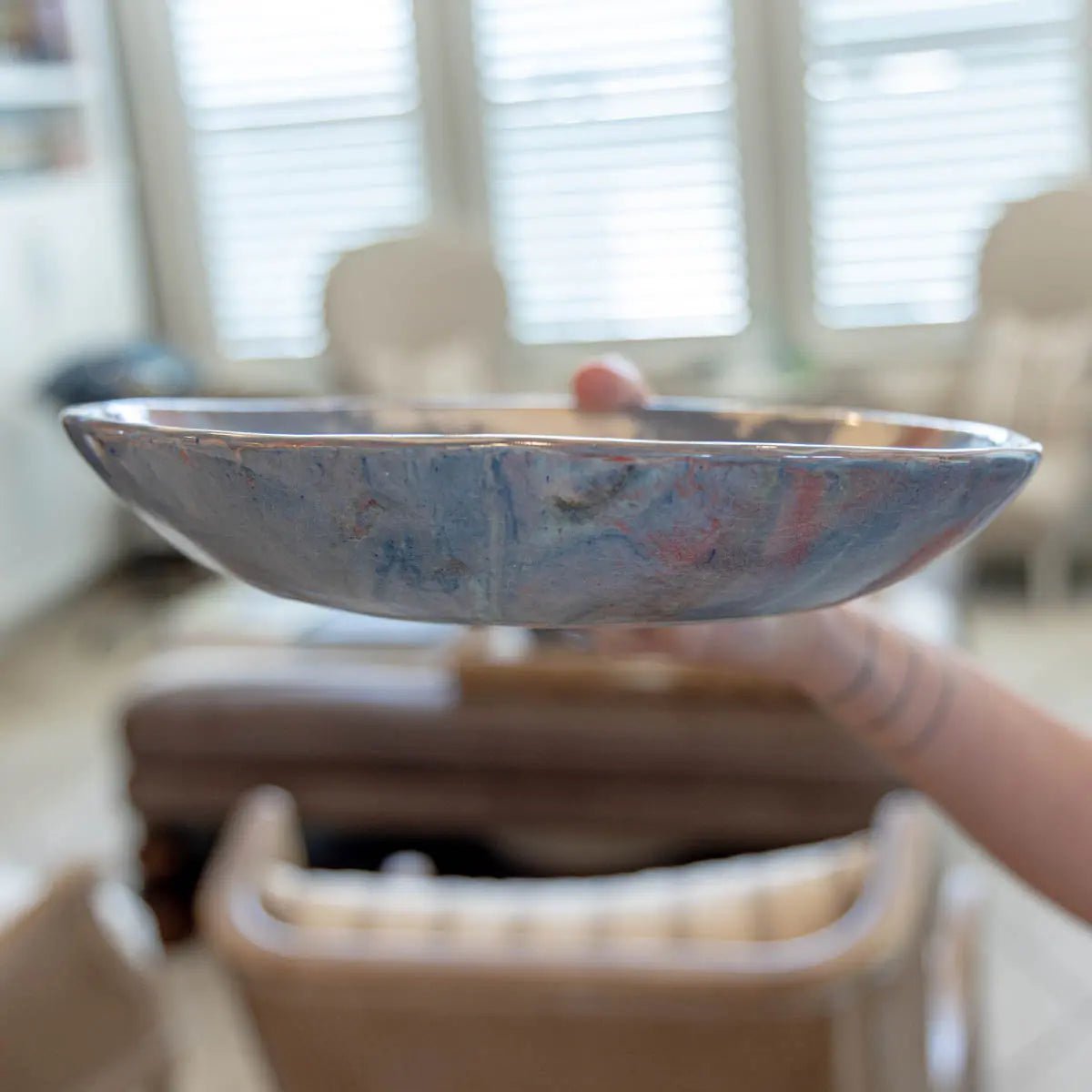#02 Large Stoneware Nerikomi Decorative Serving Bowl - Blues with swirls of Reds, Teals, Creams (Color Spectrum Series) - Dan Pearce Ceramics