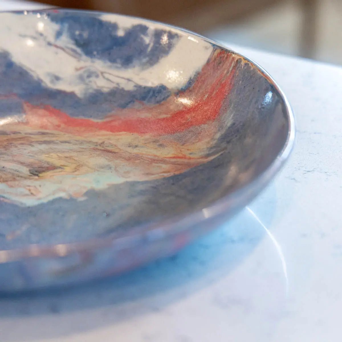 #02 Large Stoneware Nerikomi Decorative Serving Bowl - Blues with swirls of Reds, Teals, Creams (Color Spectrum Series) - Dan Pearce Ceramics