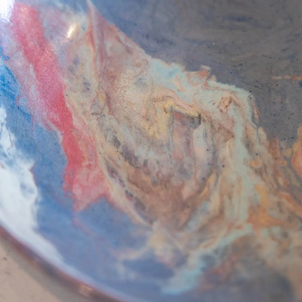 #02 Large Stoneware Nerikomi Decorative Serving Bowl - Blues with swirls of Reds, Teals, Creams (Color Spectrum Series) - Dan Pearce Ceramics