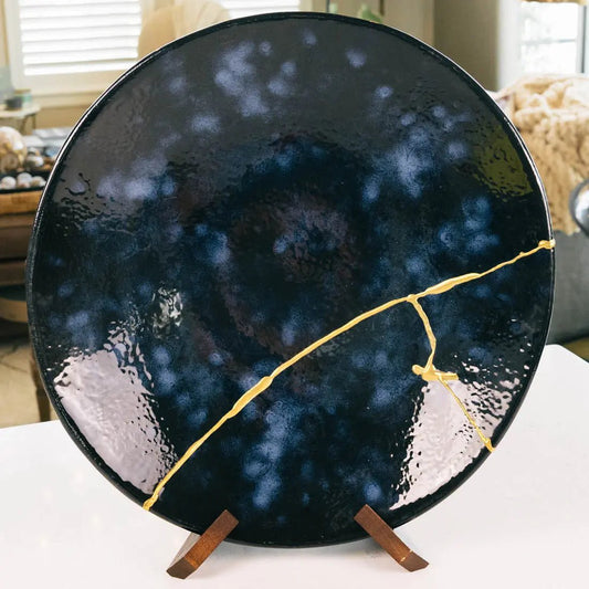 #05 XXL KINTSUGI Gray Stoneware Bowl/Platter - Blues, Blacks, & Gold - (Creative Collection) - Dan Pearce Ceramics