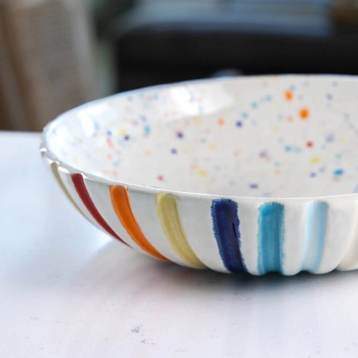 #14 XL Stoneware Fluted Rainbow Decorative Serving Bowl with Rainbow Specks Interior (Color Spectrum Series) - Dan Pearce Ceramics