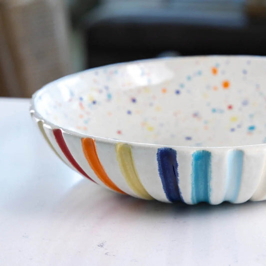 #14 XL Stoneware Fluted Rainbow Decorative Serving Bowl with Rainbow Specks Interior (Color Spectrum Series) - Dan Pearce Ceramics