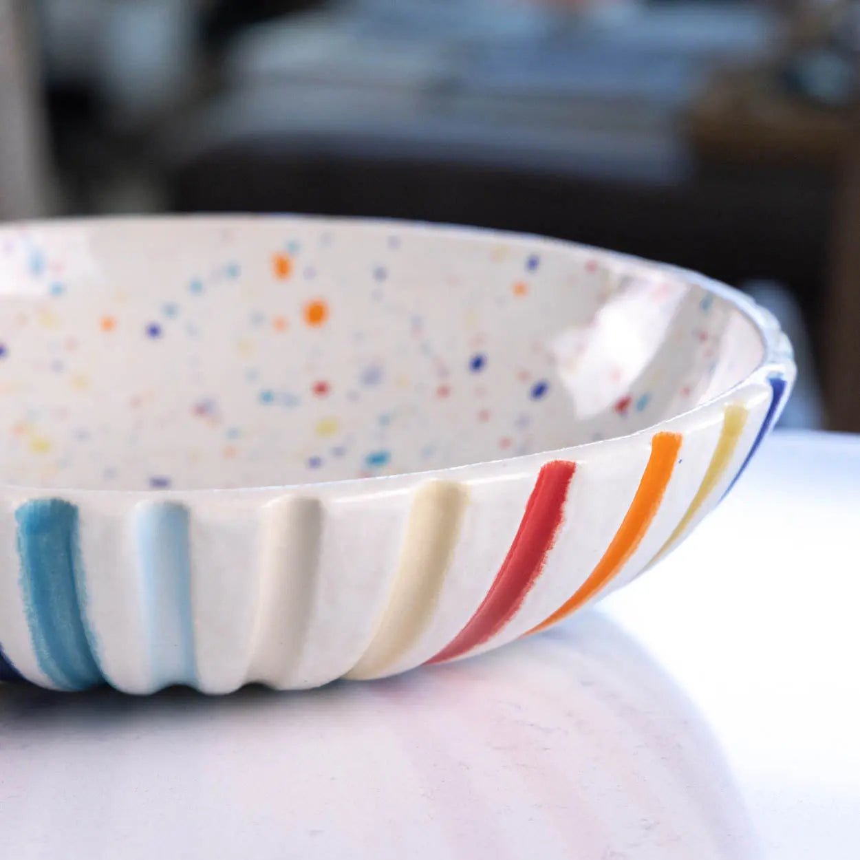 #14 XL Stoneware Fluted Rainbow Decorative Serving Bowl with Rainbow Specks Interior (Color Spectrum Series) - Dan Pearce Ceramics