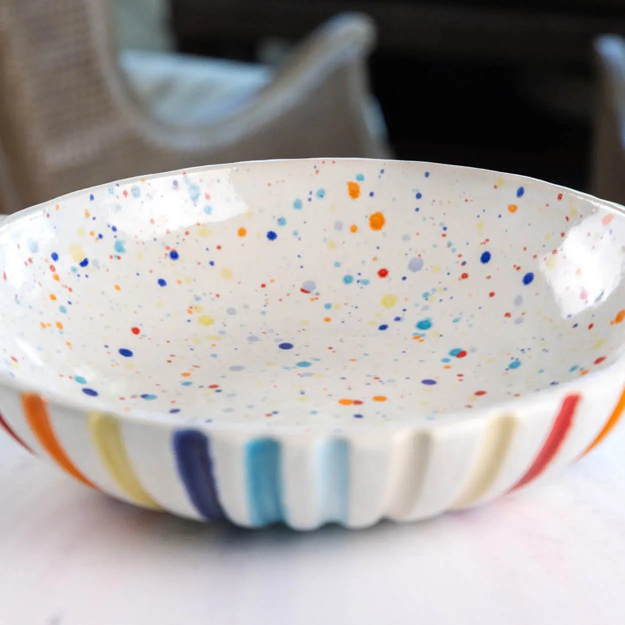 #14 XL Stoneware Fluted Rainbow Decorative Serving Bowl with Rainbow Specks Interior (Color Spectrum Series) - Dan Pearce Ceramics