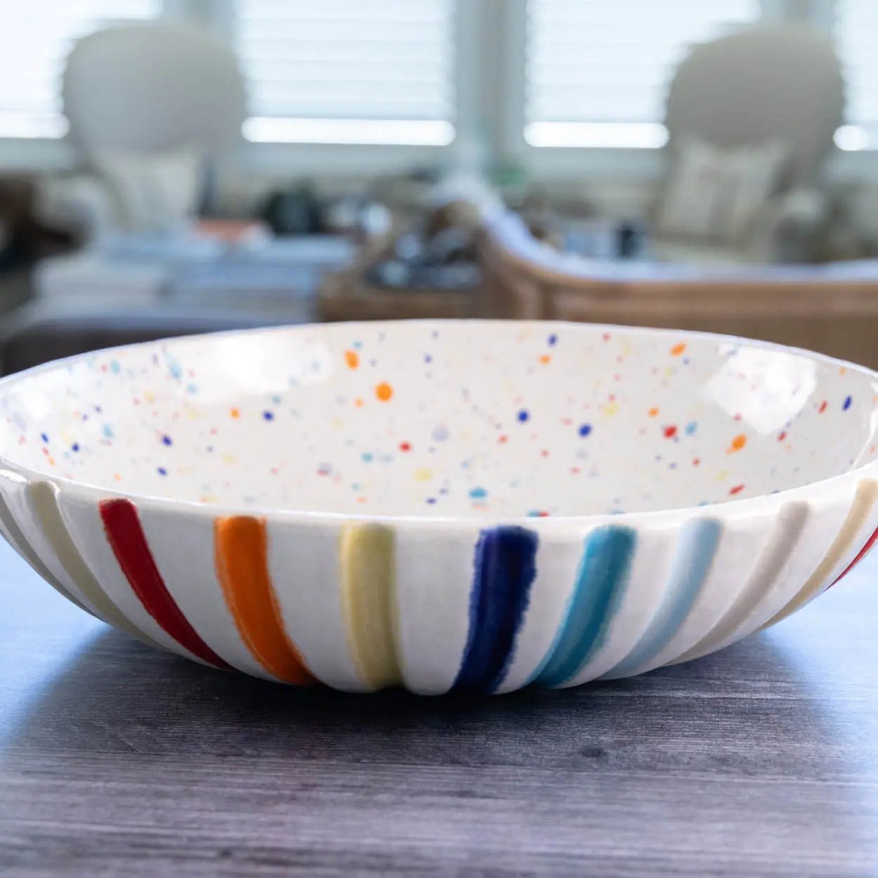 #14 XL Stoneware Fluted Rainbow Decorative Serving Bowl with Rainbow Specks Interior (Color Spectrum Series) - Dan Pearce Ceramics