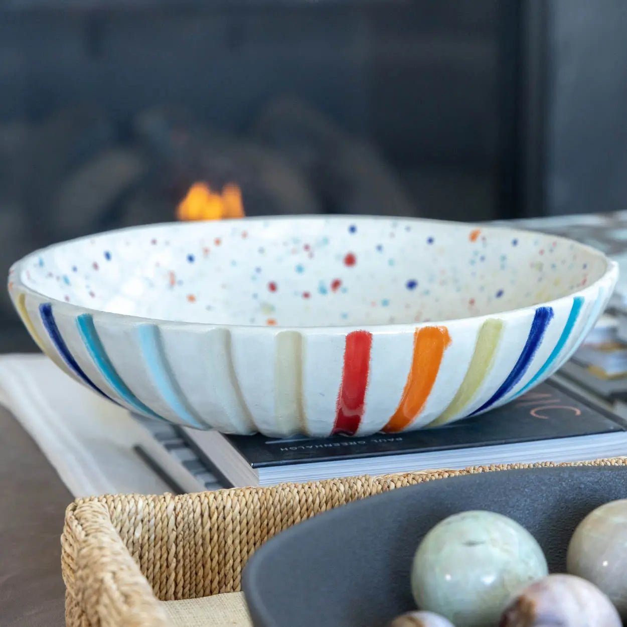 #14 XL Stoneware Fluted Rainbow Decorative Serving Bowl with Rainbow Specks Interior (Color Spectrum Series) - Dan Pearce Ceramics