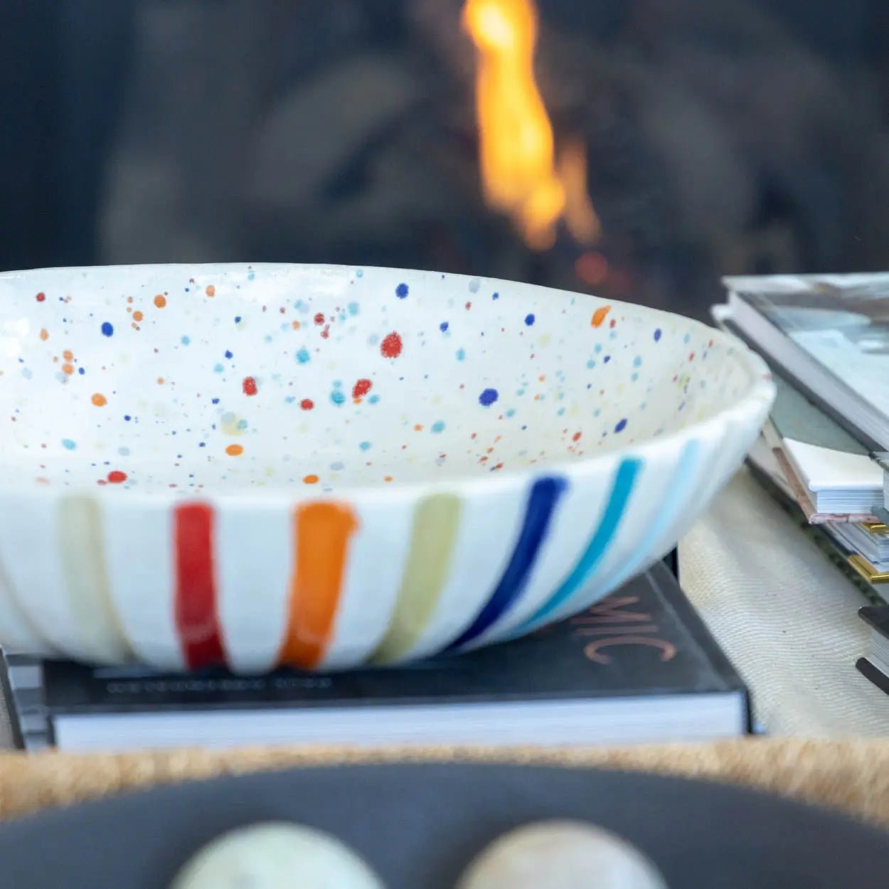 #14 XL Stoneware Fluted Rainbow Decorative Serving Bowl with Rainbow Specks Interior (Color Spectrum Series) - Dan Pearce Ceramics
