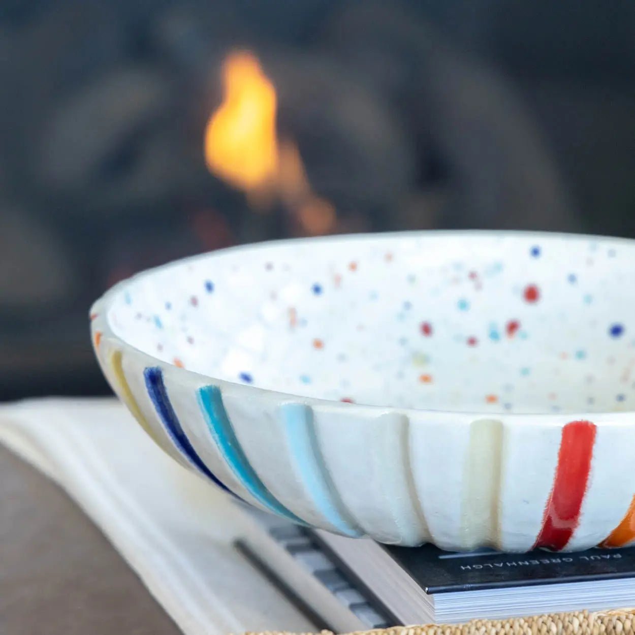 #14 XL Stoneware Fluted Rainbow Decorative Serving Bowl with Rainbow Specks Interior (Color Spectrum Series) - Dan Pearce Ceramics