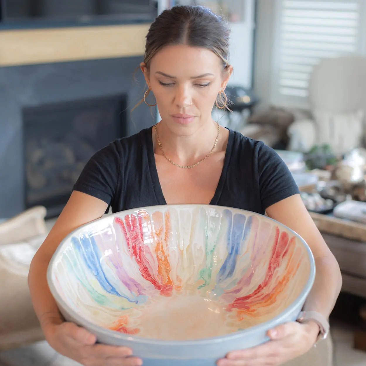 #16 GIANT 18 Quart Stoneware Decorative Serving Bowl - "Moby Dick" ombre blue exterior rainbow interior (Color Spectrum Series) SECONDS - Dan Pearce Ceramics