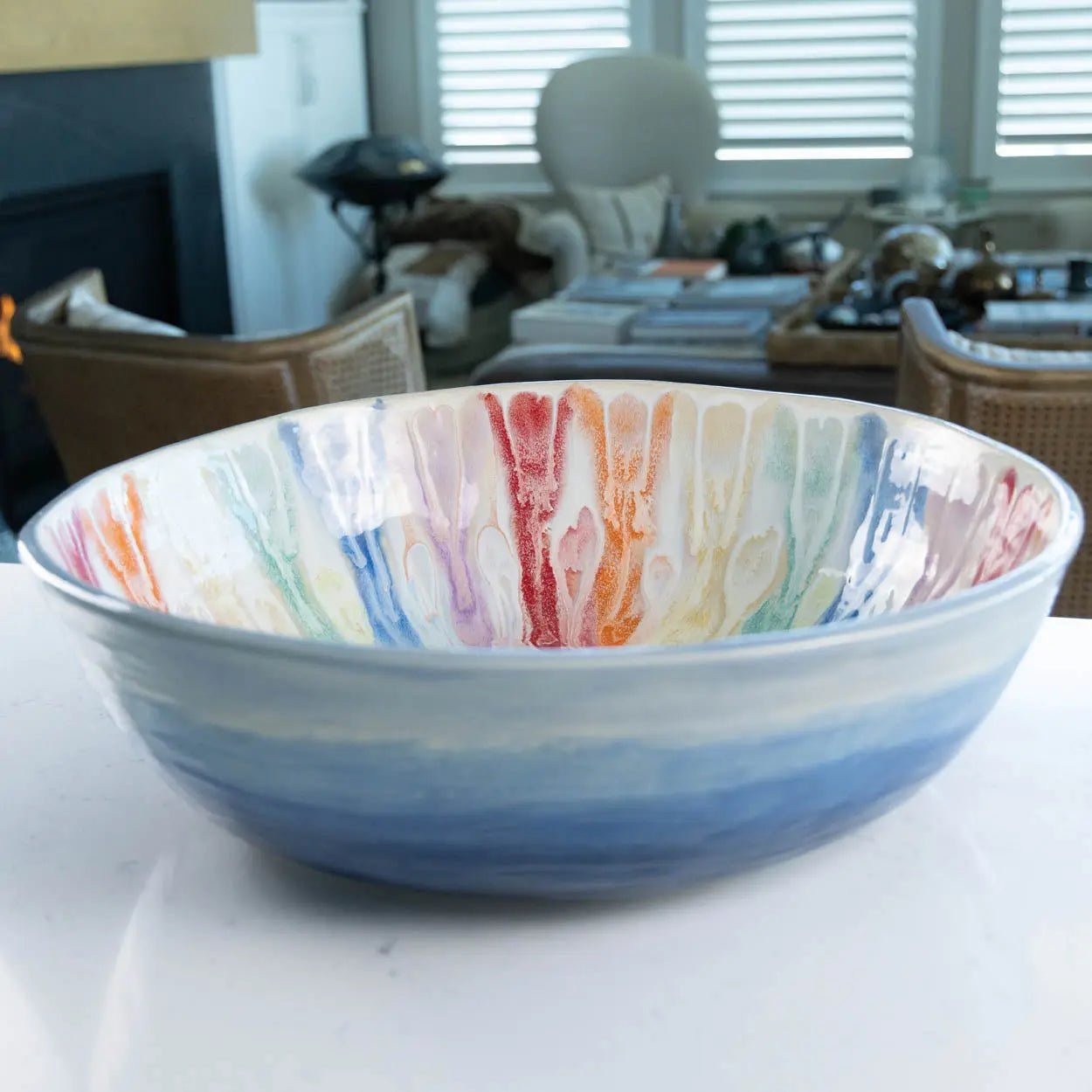 #16 GIANT 18 Quart Stoneware Decorative Serving Bowl - "Moby Dick" ombre blue exterior rainbow interior (Color Spectrum Series) SECONDS - Dan Pearce Ceramics