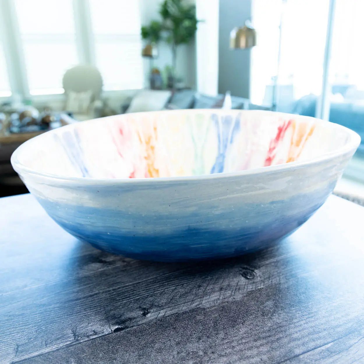 #16 GIANT 18 Quart Stoneware Decorative Serving Bowl - "Moby Dick" ombre blue exterior rainbow interior (Color Spectrum Series) SECONDS - Dan Pearce Ceramics