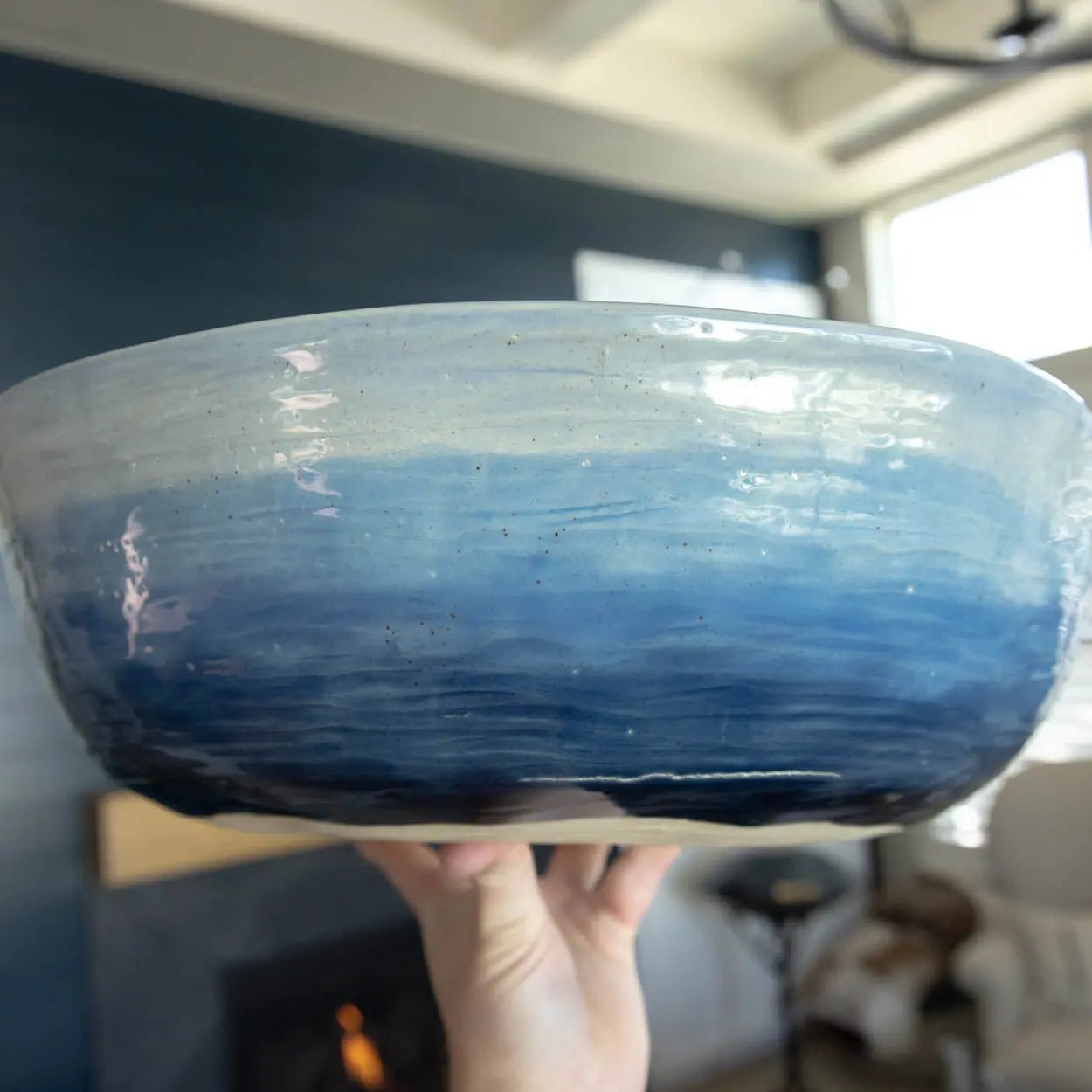 #16 GIANT 18 Quart Stoneware Decorative Serving Bowl - "Moby Dick" ombre blue exterior rainbow interior (Color Spectrum Series) SECONDS - Dan Pearce Ceramics