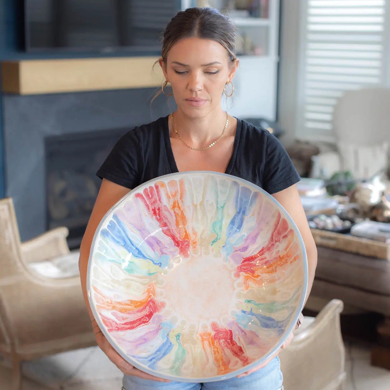 #16 GIANT 18 Quart Stoneware Decorative Serving Bowl - "Moby Dick" ombre blue exterior rainbow interior (Color Spectrum Series) SECONDS - Dan Pearce Ceramics