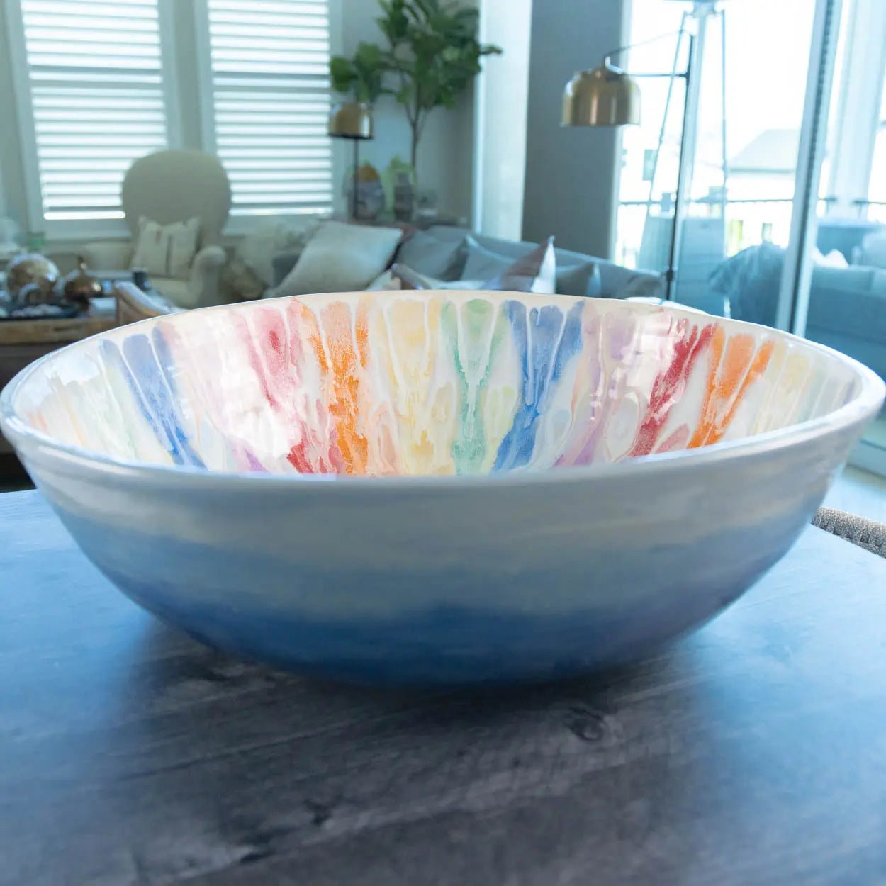 #16 GIANT 18 Quart Stoneware Decorative Serving Bowl - "Moby Dick" ombre blue exterior rainbow interior (Color Spectrum Series) SECONDS - Dan Pearce Ceramics