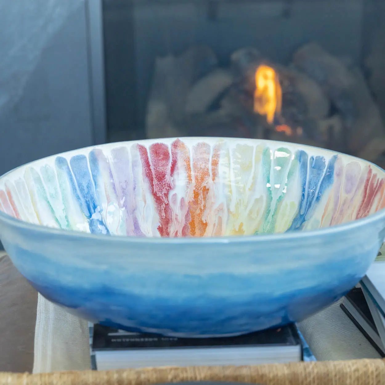 #16 GIANT 18 Quart Stoneware Decorative Serving Bowl - "Moby Dick" ombre blue exterior rainbow interior (Color Spectrum Series) SECONDS - Dan Pearce Ceramics