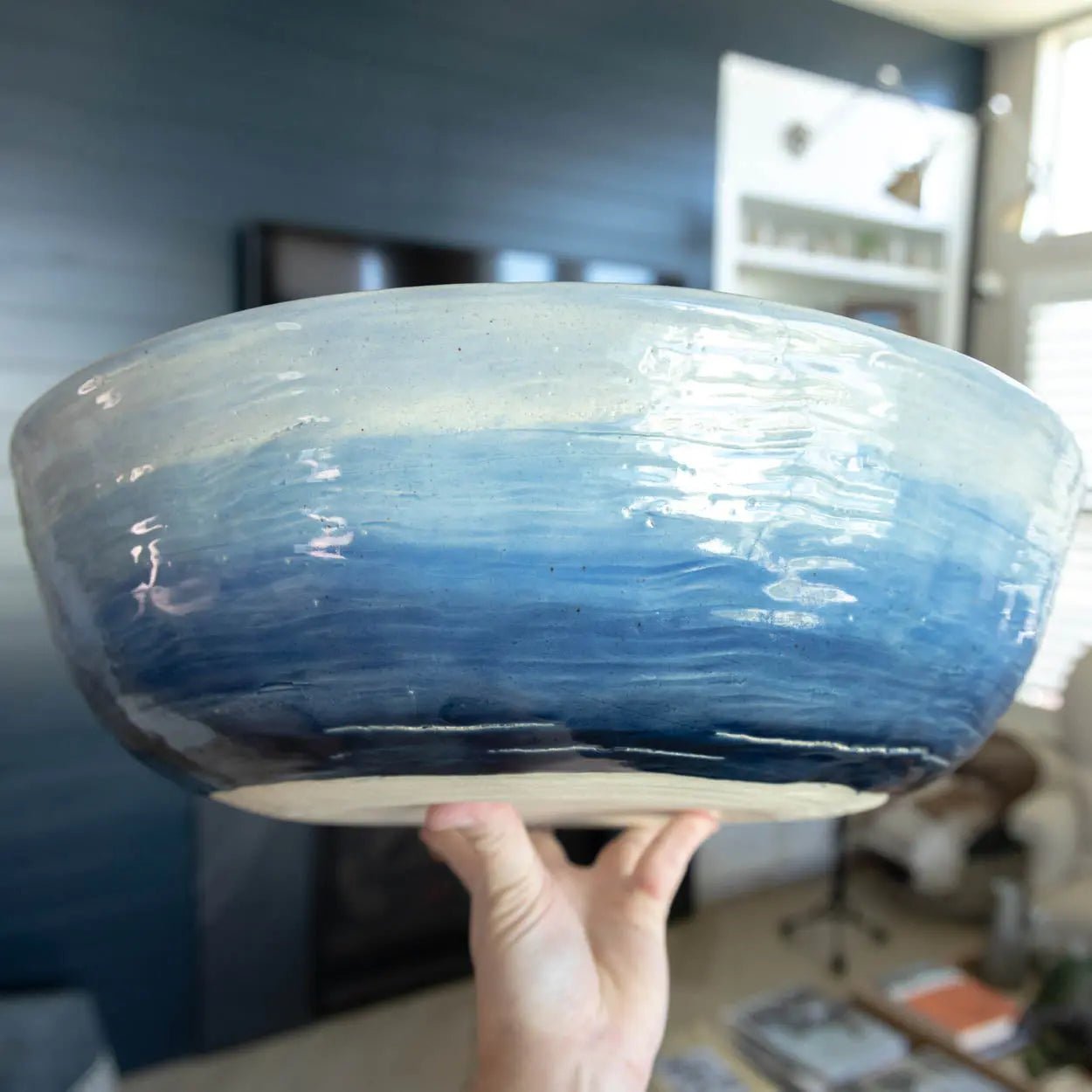 #16 GIANT 18 Quart Stoneware Decorative Serving Bowl - "Moby Dick" ombre blue exterior rainbow interior (Color Spectrum Series) SECONDS - Dan Pearce Ceramics