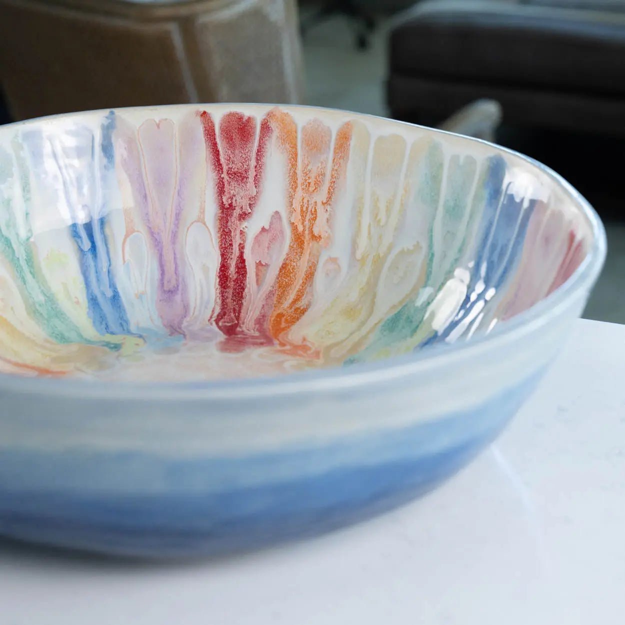 #16 GIANT 18 Quart Stoneware Decorative Serving Bowl - "Moby Dick" ombre blue exterior rainbow interior (Color Spectrum Series) SECONDS - Dan Pearce Ceramics