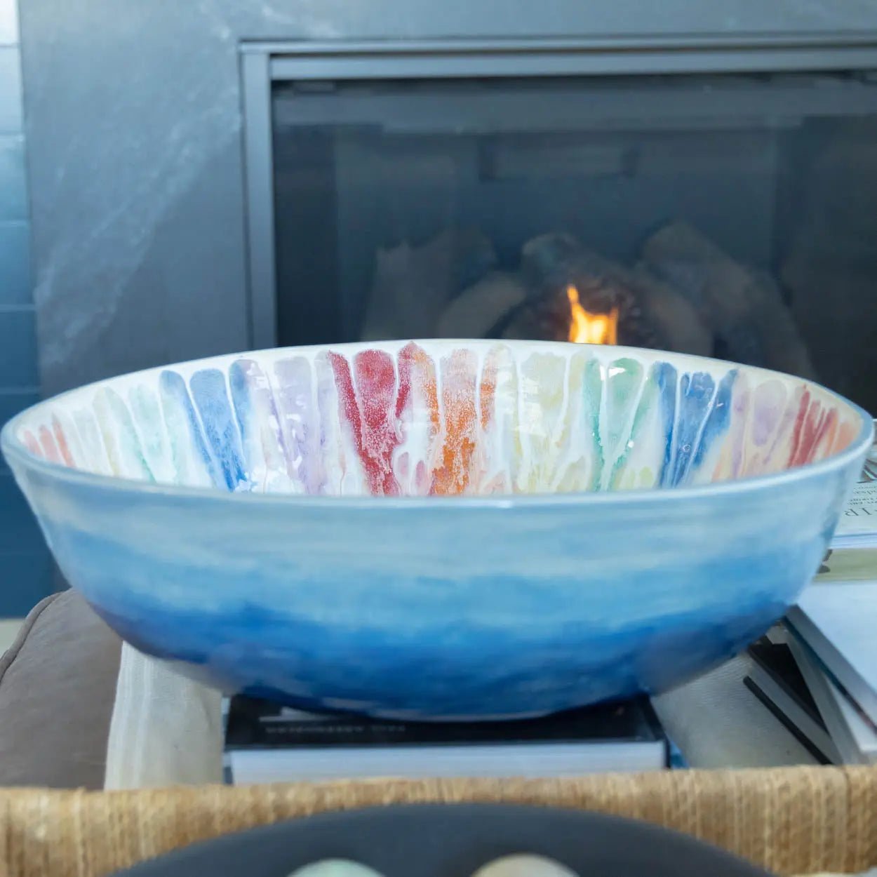 #16 GIANT 18 Quart Stoneware Decorative Serving Bowl - "Moby Dick" ombre blue exterior rainbow interior (Color Spectrum Series) SECONDS - Dan Pearce Ceramics