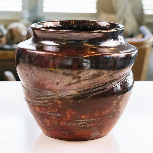 #18 XL Decorative Raku Rubber Band Pot - Spotted Dark Copper & Charcoal - (Creative Collection) - Dan Pearce Ceramics