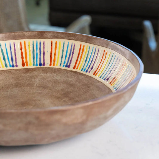 #18 XL Stoneware Rainbow Stripes over Coffee Colored Decorative Serving Bowl (Color Spectrum Series) - Dan Pearce Ceramics