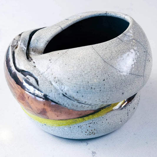 #22 Large Raku Decorative Abstract Rubber Band Crackle Pot - White, Yellows, & Coppers - (Creative Collection) - Dan Pearce Ceramics