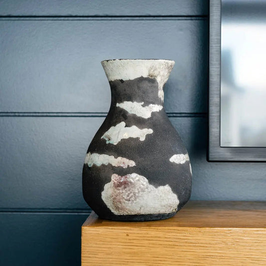 #23 Medium Decorative Boiled Raku Pot - Charcoal & Seafoam - (Creative Collection) SECONDS - Dan Pearce Ceramics