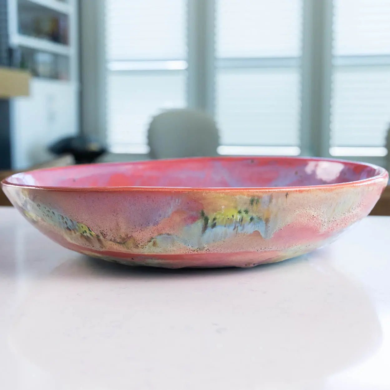 #23 XL Stoneware Abstract Art Exterior with Pinks and Blues Inside Decorative Serving Bowl (Color Spectrum Series) - Dan Pearce Ceramics