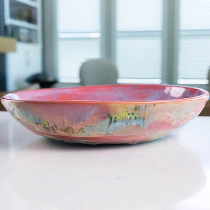 #23 XL Stoneware Abstract Art Exterior with Pinks and Blues Inside Decorative Serving Bowl (Color Spectrum Series) - Dan Pearce Ceramics
