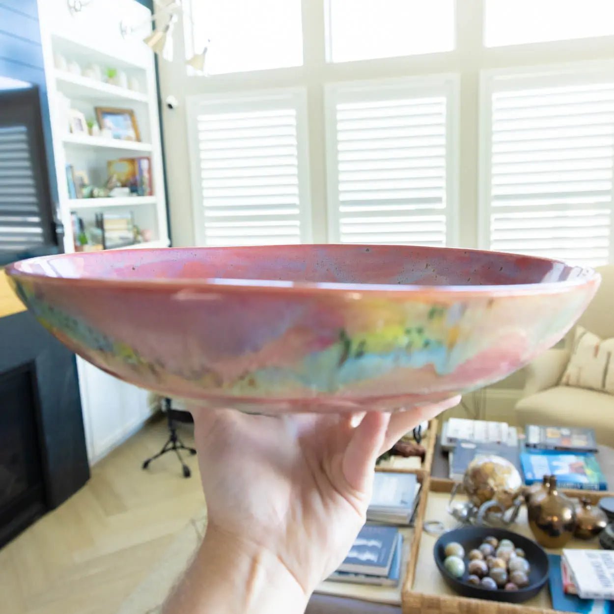 #23 XL Stoneware Abstract Art Exterior with Pinks and Blues Inside Decorative Serving Bowl (Color Spectrum Series) - Dan Pearce Ceramics