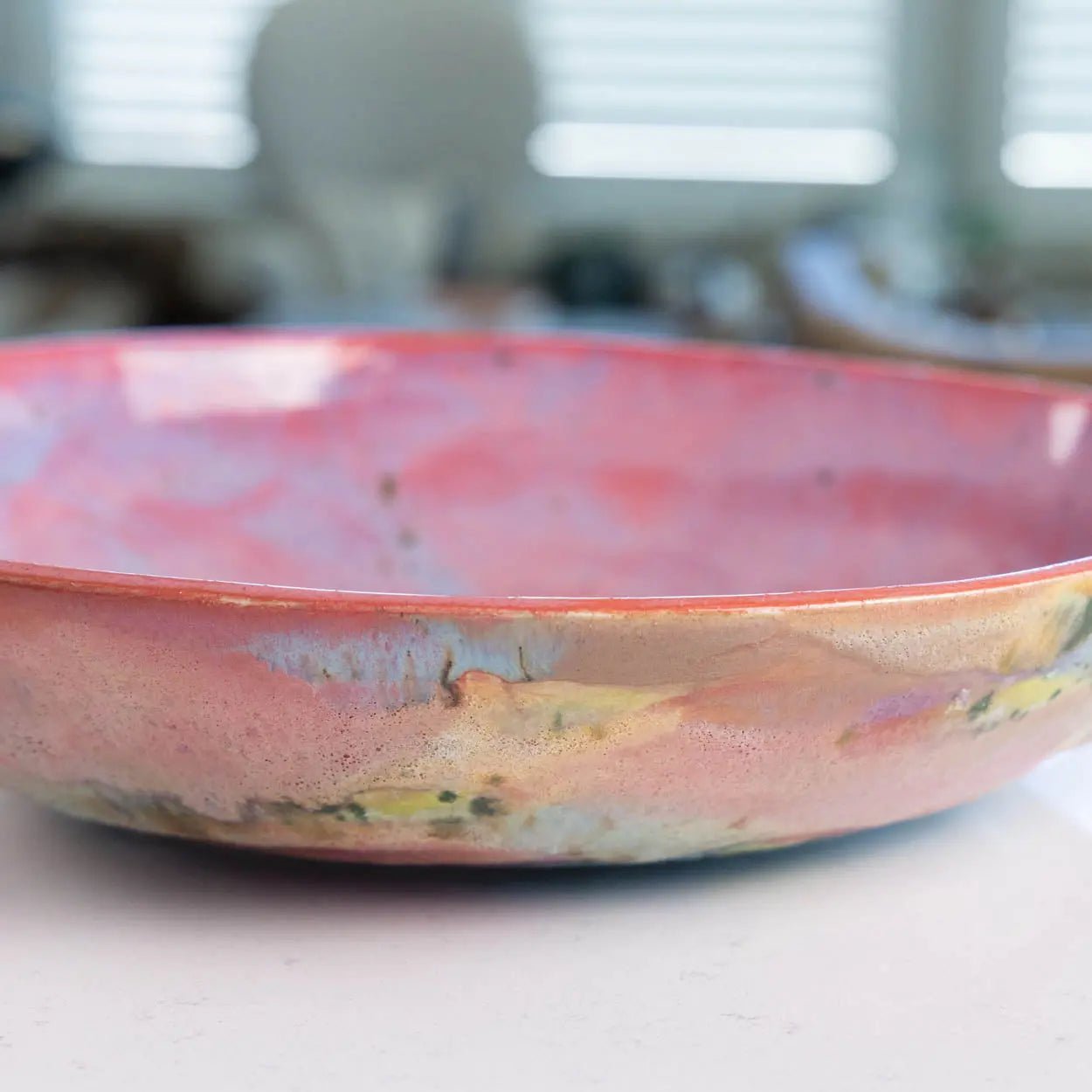 #23 XL Stoneware Abstract Art Exterior with Pinks and Blues Inside Decorative Serving Bowl (Color Spectrum Series) - Dan Pearce Ceramics
