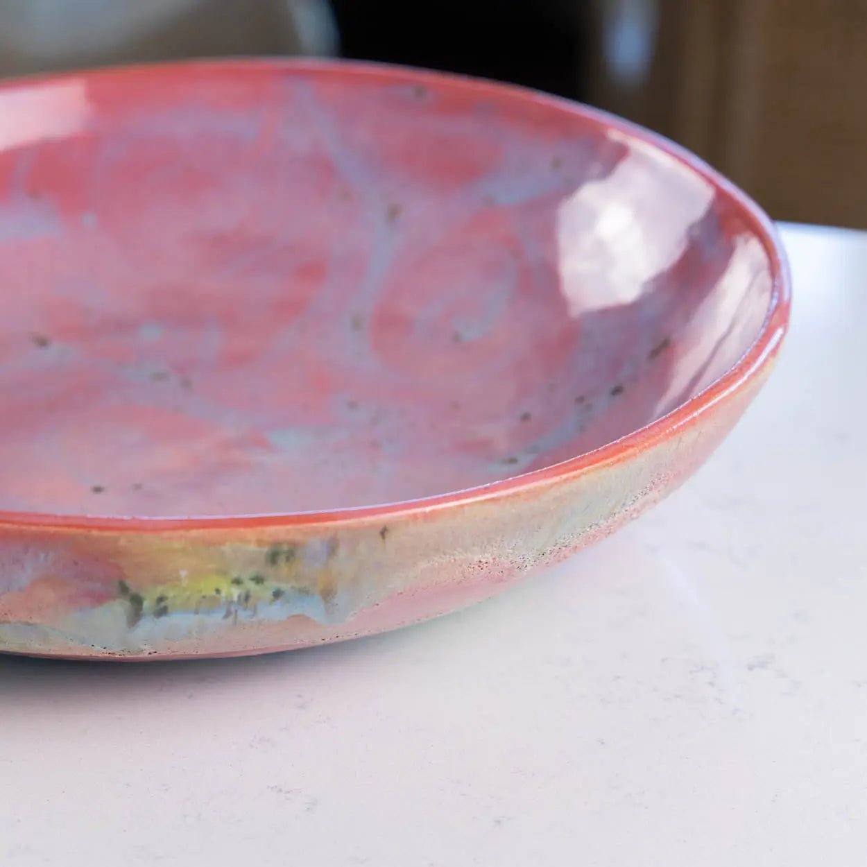 #23 XL Stoneware Abstract Art Exterior with Pinks and Blues Inside Decorative Serving Bowl (Color Spectrum Series) - Dan Pearce Ceramics