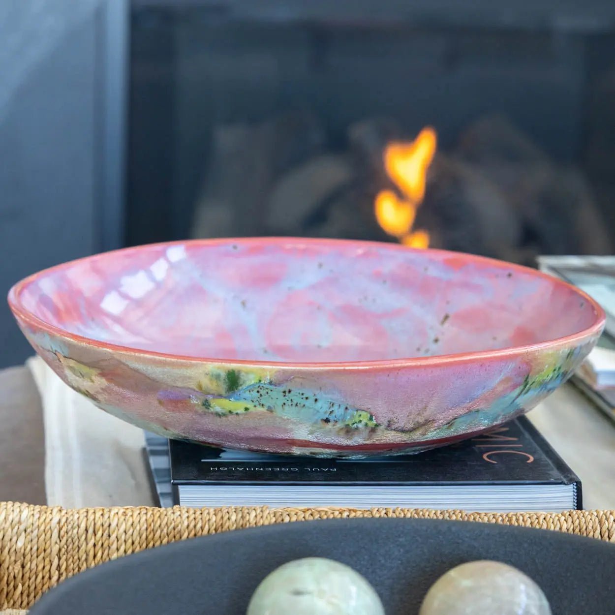 #23 XL Stoneware Abstract Art Exterior with Pinks and Blues Inside Decorative Serving Bowl (Color Spectrum Series) - Dan Pearce Ceramics