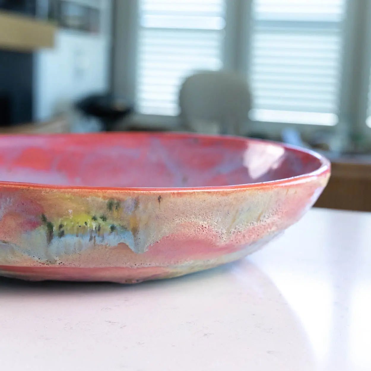 #23 XL Stoneware Abstract Art Exterior with Pinks and Blues Inside Decorative Serving Bowl (Color Spectrum Series) - Dan Pearce Ceramics