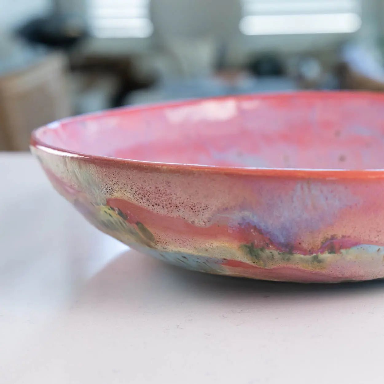 #23 XL Stoneware Abstract Art Exterior with Pinks and Blues Inside Decorative Serving Bowl (Color Spectrum Series) - Dan Pearce Ceramics