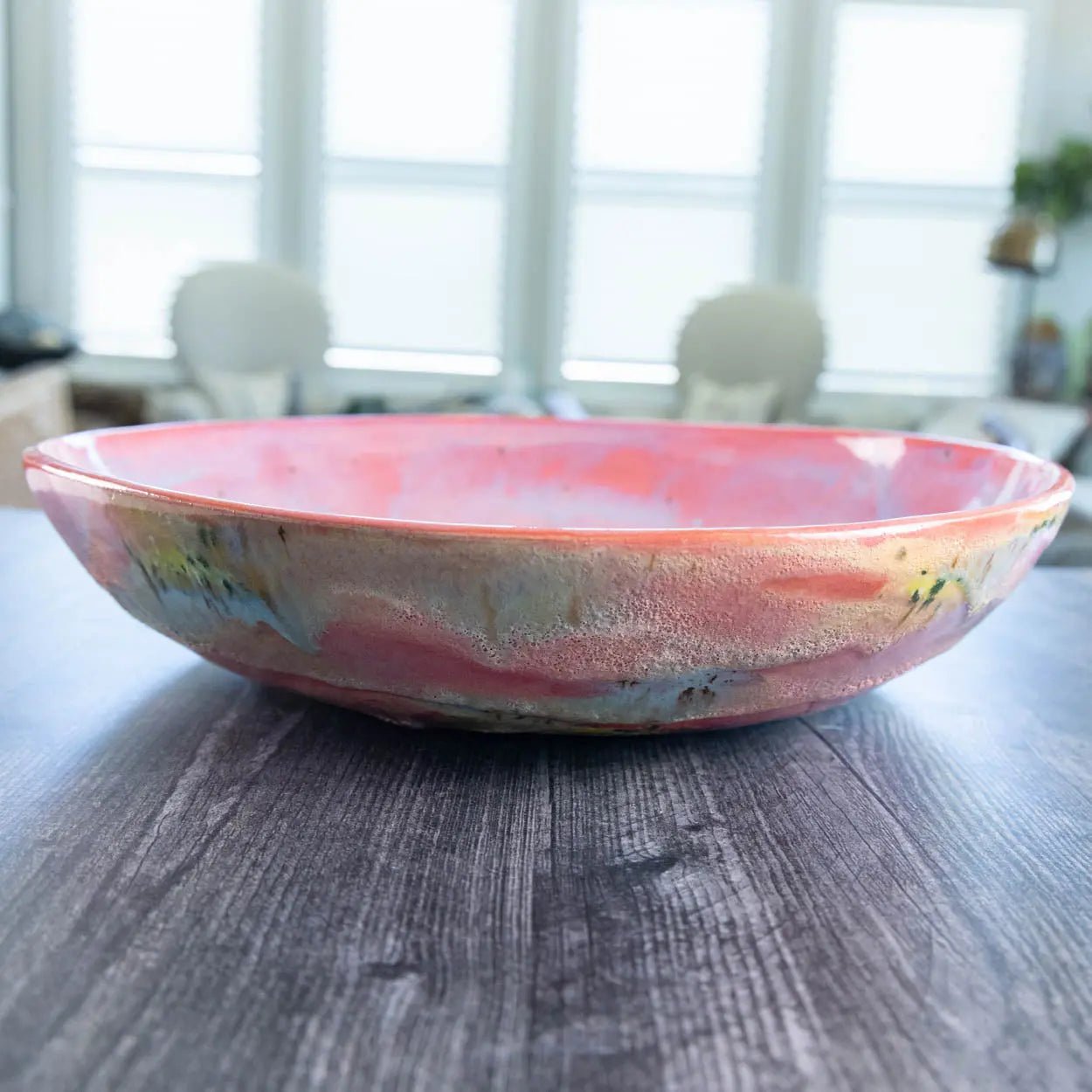 #23 XL Stoneware Abstract Art Exterior with Pinks and Blues Inside Decorative Serving Bowl (Color Spectrum Series) - Dan Pearce Ceramics
