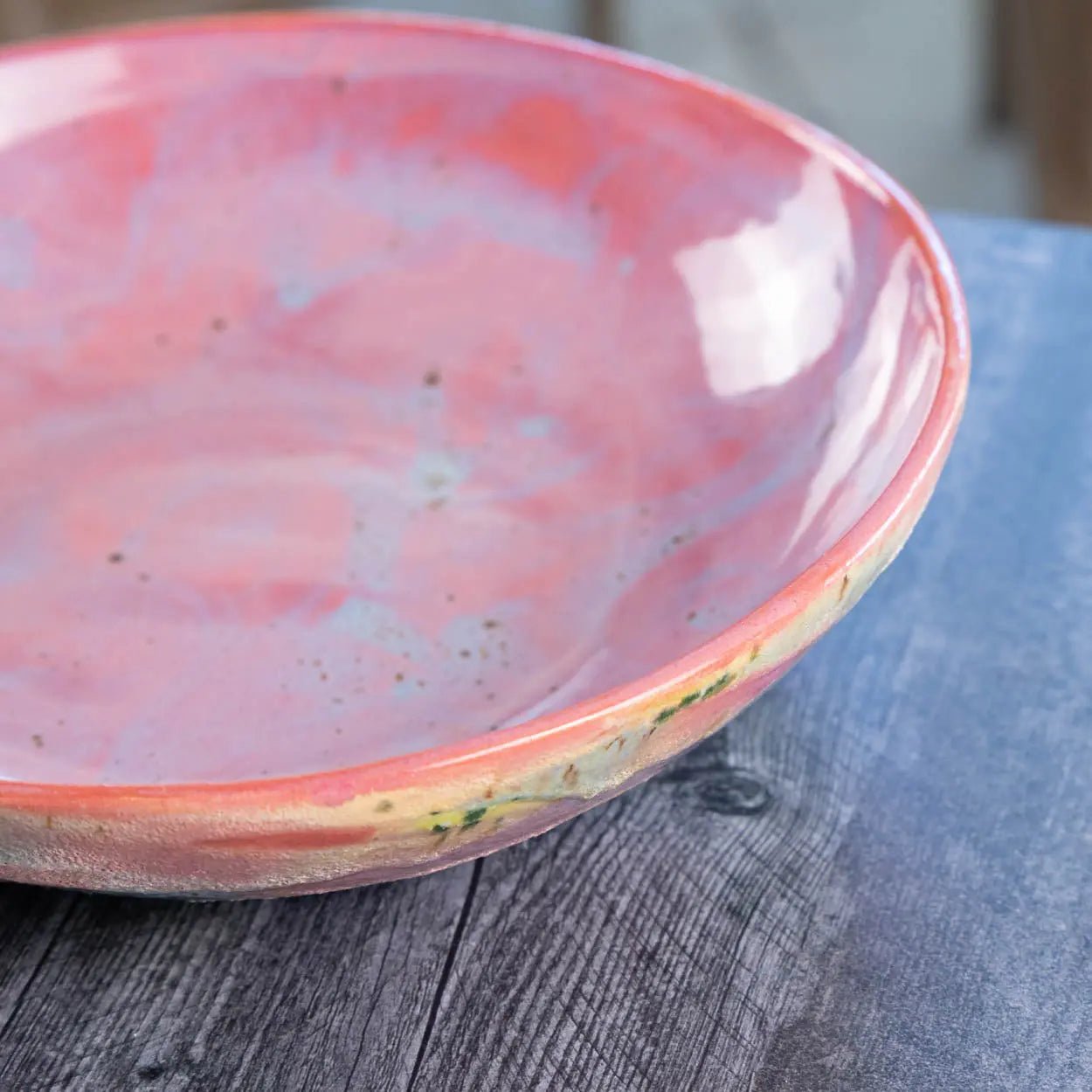 #23 XL Stoneware Abstract Art Exterior with Pinks and Blues Inside Decorative Serving Bowl (Color Spectrum Series) - Dan Pearce Ceramics