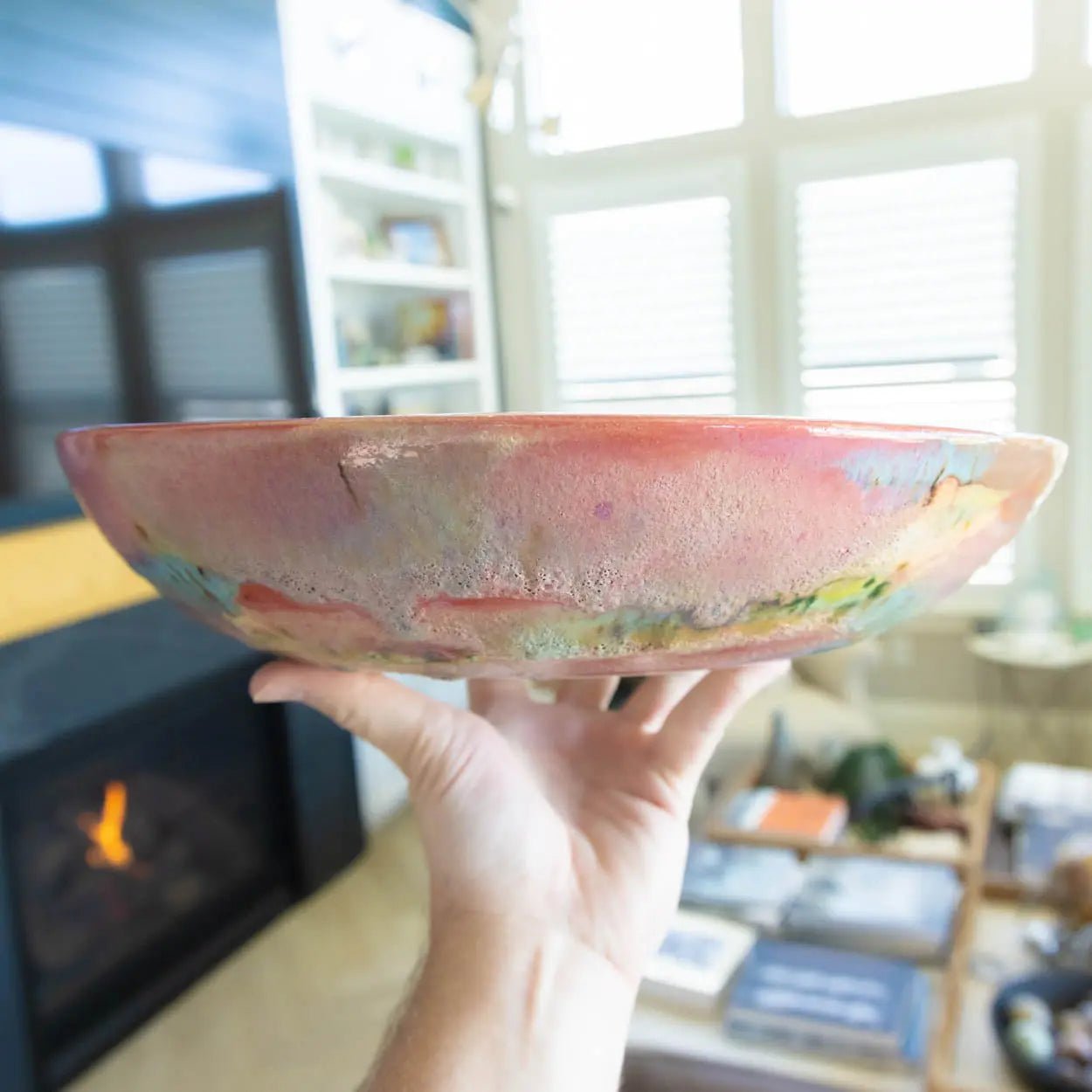 #23 XL Stoneware Abstract Art Exterior with Pinks and Blues Inside Decorative Serving Bowl (Color Spectrum Series) - Dan Pearce Ceramics