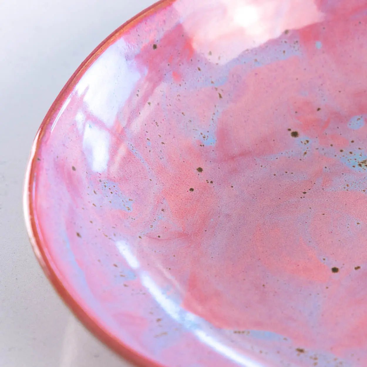 #23 XL Stoneware Abstract Art Exterior with Pinks and Blues Inside Decorative Serving Bowl (Color Spectrum Series) - Dan Pearce Ceramics